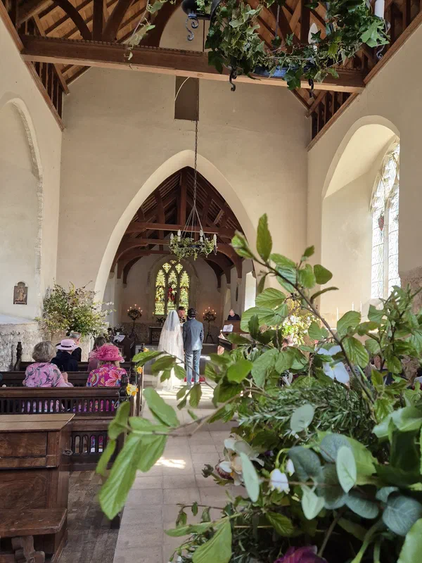 Church interior dressed with flowers for a wedding