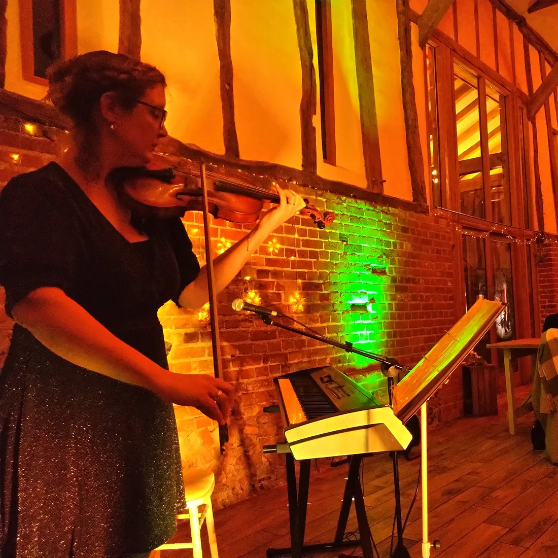 Sarah playing violin at a private evening event in a warm, candlelit barn, diners at tables in the background